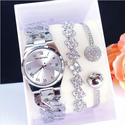 First Class Beauty And Classic Silver Wristwatch +2 Lovely Wrist Set For Sexy Ladies