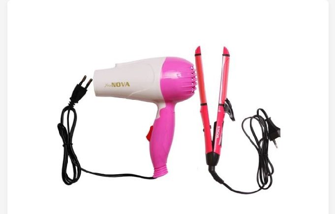 2- In-One Hair Curler And Straightener With Hand Dryer- Pink.