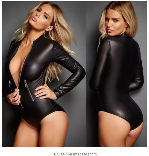 New Sexy Black Lacquer Leather Long Sleeve One Piece Fun Underwear