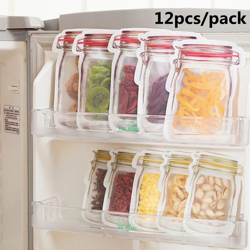 12pcs/pack Reusable Mason Jar Bottles Bags Set Jar Shaped Air Tight Pouch Zip Lock Seal Fresh Food Storage Bag Kitchen Organizer-B