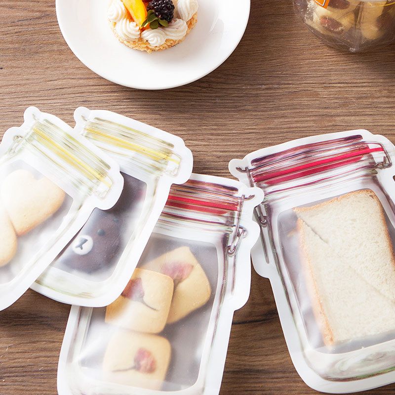12pcs/pack Reusable Mason Jar Bottles Bags Set Jar Shaped Air Tight Pouch Zip Lock Seal Fresh Food Storage Bag Kitchen Organizer-B