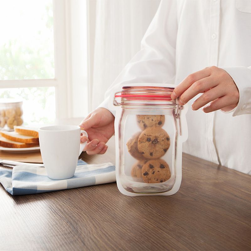 12pcs/pack Reusable Mason Jar Bottles Bags Set Jar Shaped Air Tight Pouch Zip Lock Seal Fresh Food Storage Bag Kitchen Organizer-B