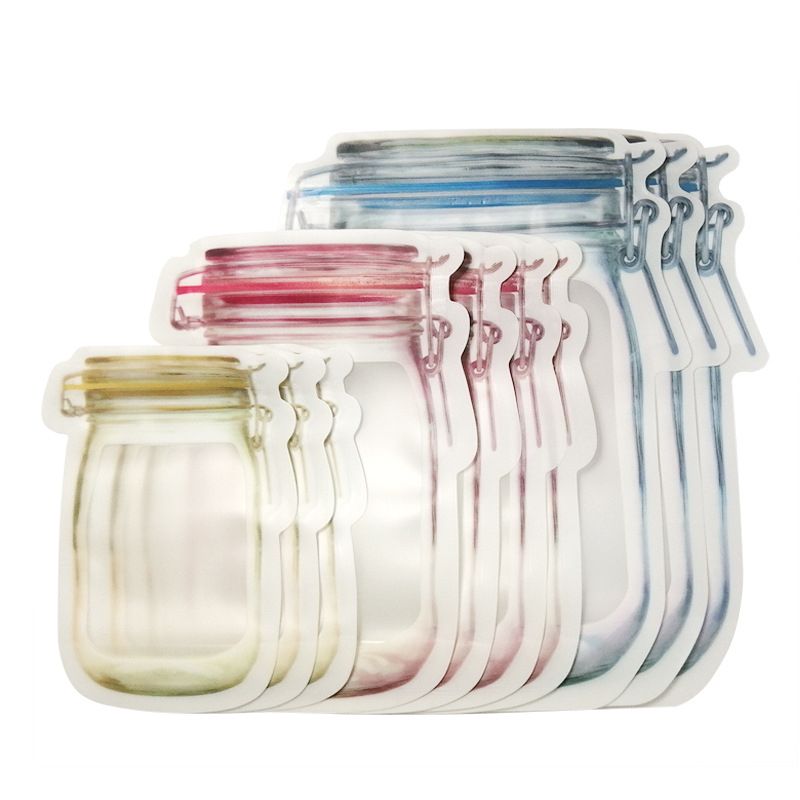 12pcs/pack Reusable Mason Jar Bottles Bags Set Jar Shaped Air Tight Pouch Zip Lock Seal Fresh Food Storage Bag Kitchen Organizer-B