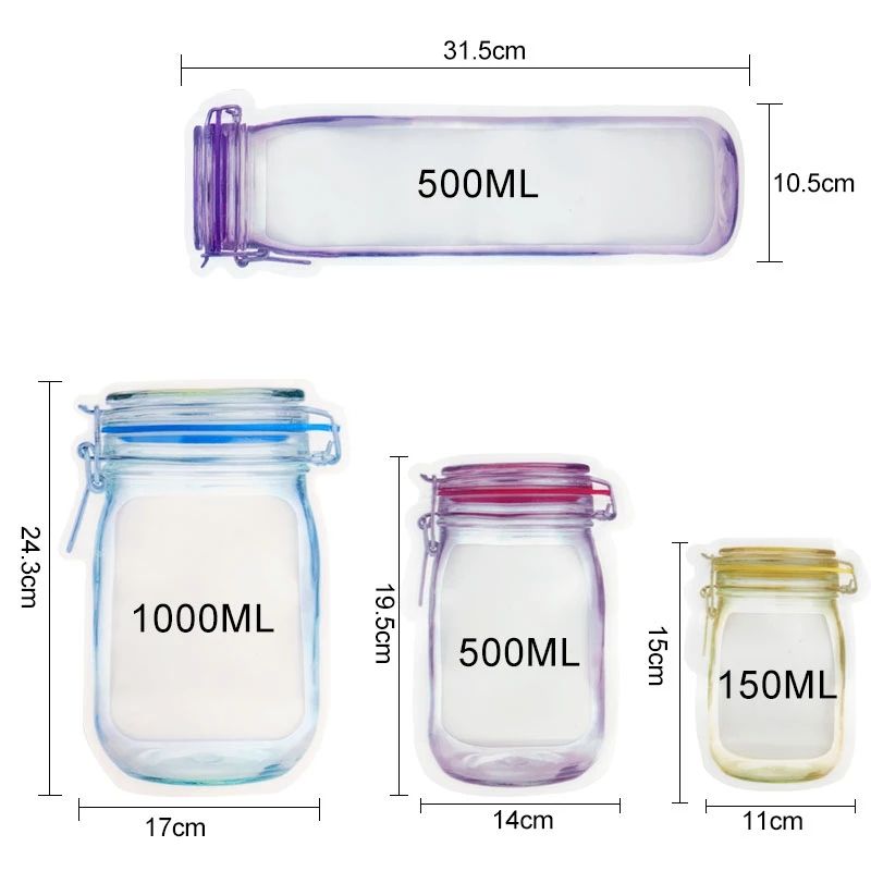 12pcs/pack Reusable Mason Jar Bottles Bags Set Jar Shaped Air Tight Pouch Zip Lock Seal Fresh Food Storage Bag Kitchen Organizer-B