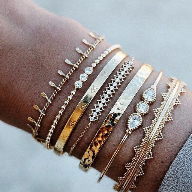 Woozu 7pcs/set Punk Gold Cuff Bangle Set Arrow Rhinestone