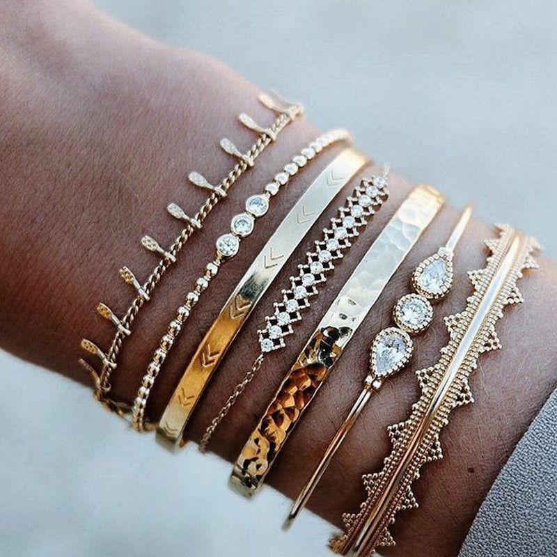 Woozu 7pcs/set Punk Gold Cuff Bangle Set Arrow Rhinestone
