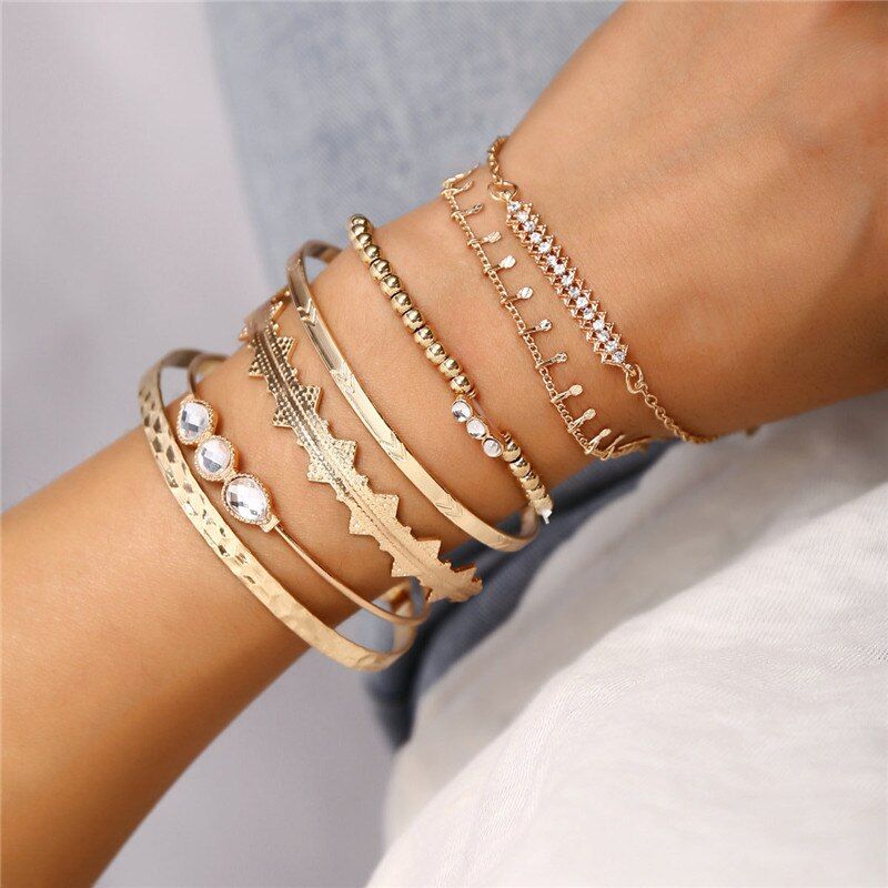 Woozu 7pcs/set Punk Gold Cuff Bangle Set Arrow Rhinestone