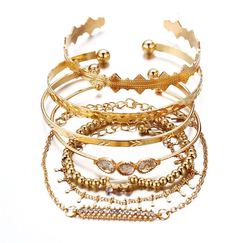 Woozu 7pcs/set Punk Gold Cuff Bangle Set Arrow Rhinestone