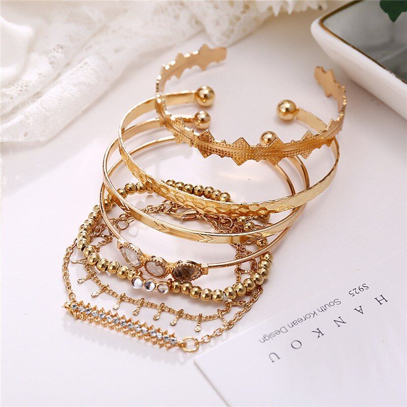Woozu 7pcs/set Punk Gold Cuff Bangle Set Arrow Rhinestone