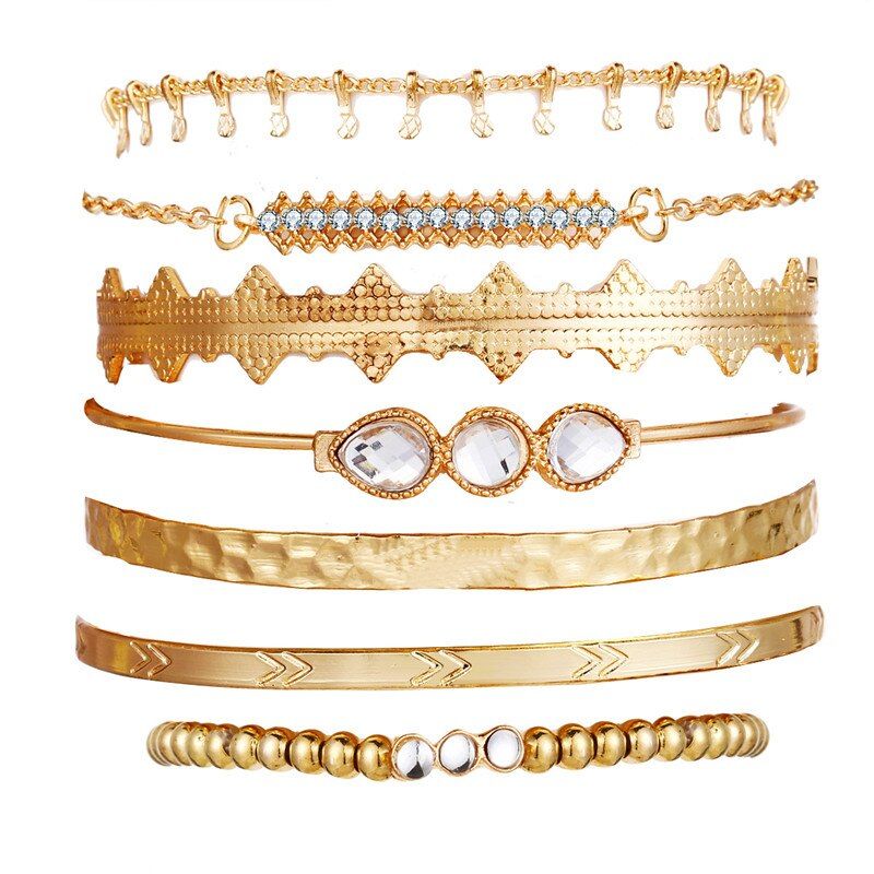 Woozu 7pcs/set Punk Gold Cuff Bangle Set Arrow Rhinestone