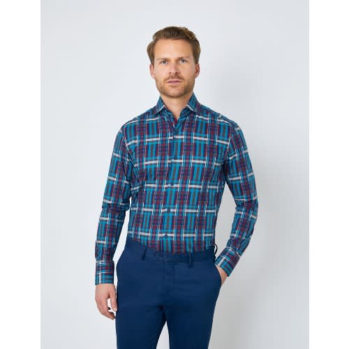 Men's Brown & Blue Check Relaxed Slim Fit Shirt - High Collar - Single Cuff