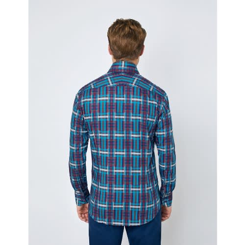 Men's Brown & Blue Check Relaxed Slim Fit Shirt - High Collar - Single Cuff