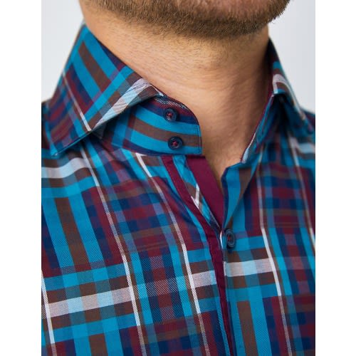 Men's Brown & Blue Check Relaxed Slim Fit Shirt - High Collar - Single Cuff