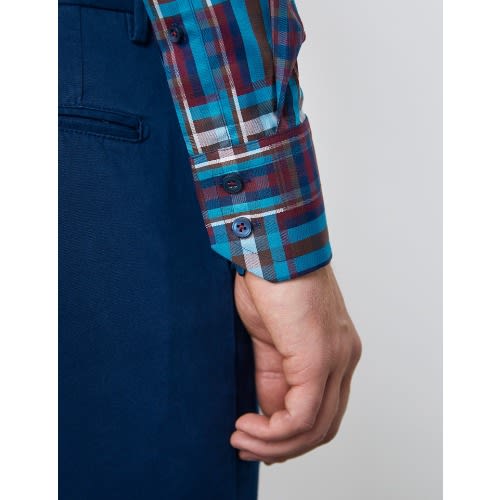 Men's Brown & Blue Check Relaxed Slim Fit Shirt - High Collar - Single Cuff