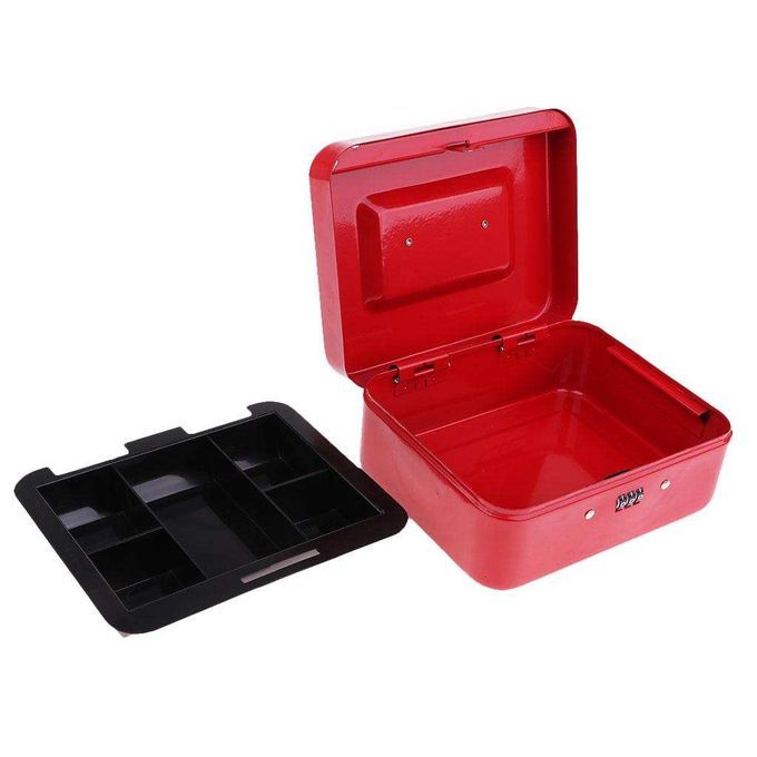 Small Metal Money Box Cash Coins Saving Box W/ 6 Compartments Cash Red
