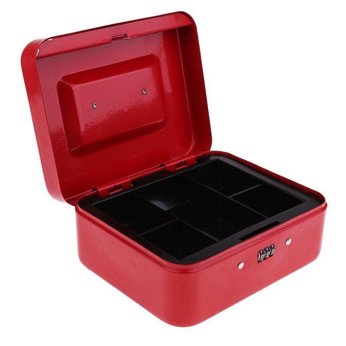 Small Metal Money Box Cash Coins Saving Box W/ 6 Compartments Cash Red