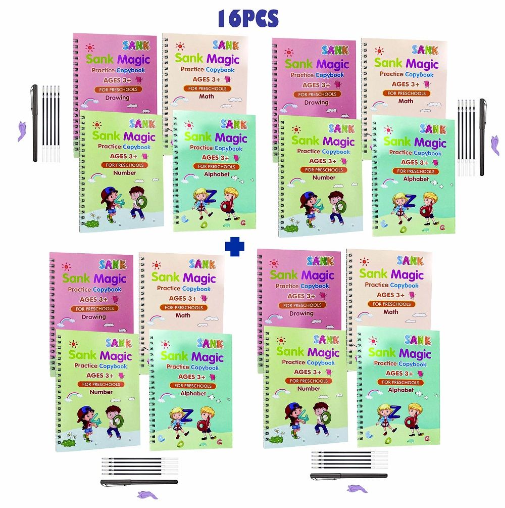 16pcs (4sets) 4 In1 Reusable Calligraphy Sank Magic Kids Practice Book &Gift