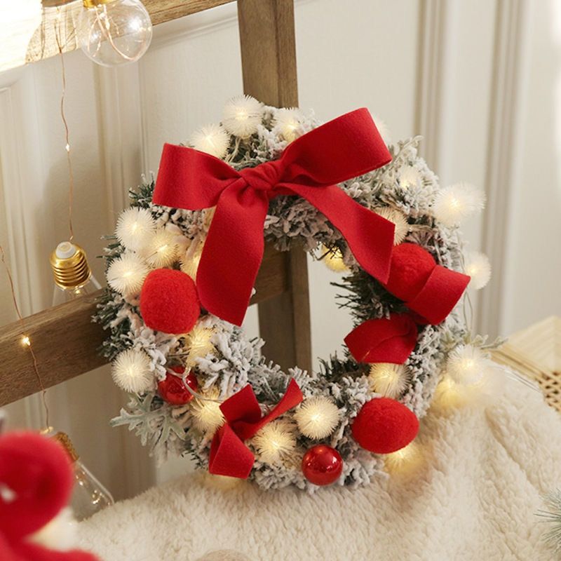 30CM Christmas Artificial Rattan Flower Door Hanging Wreath With String Light Wall Decoration For Home Festival Party A
