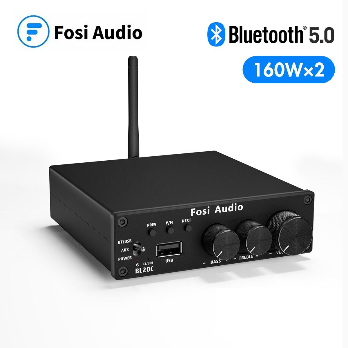 Fosi Audio BL20C Bluetooth Stereo Audio Receiver Amplifier 2.1 Mini HiFi ClD Amp U-Disk Player For Passive Speaker 160W X2