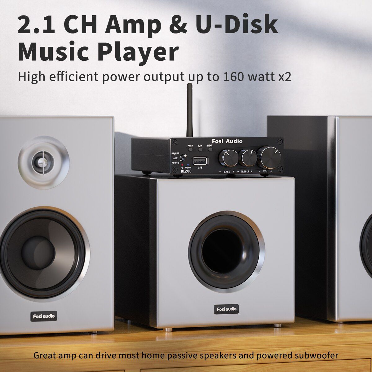 Fosi Audio BL20C Bluetooth Stereo Audio Receiver Amplifier 2.1 Mini HiFi ClD Amp U-Disk Player For Passive Speaker 160W X2