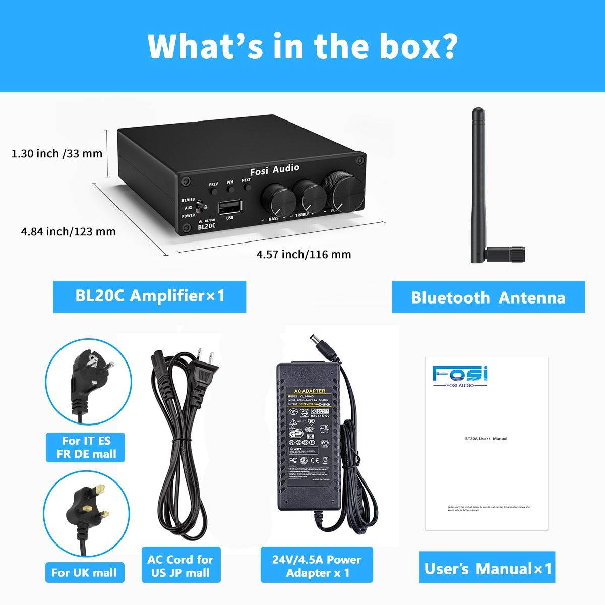 Fosi Audio BL20C Bluetooth Stereo Audio Receiver Amplifier 2.1 Mini HiFi ClD Amp U-Disk Player For Passive Speaker 160W X2