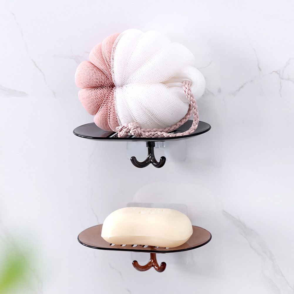 Bathroom No-nail Wall Mount Draining Soap Box Holder Container Shelf Sponge Hook-Coffee