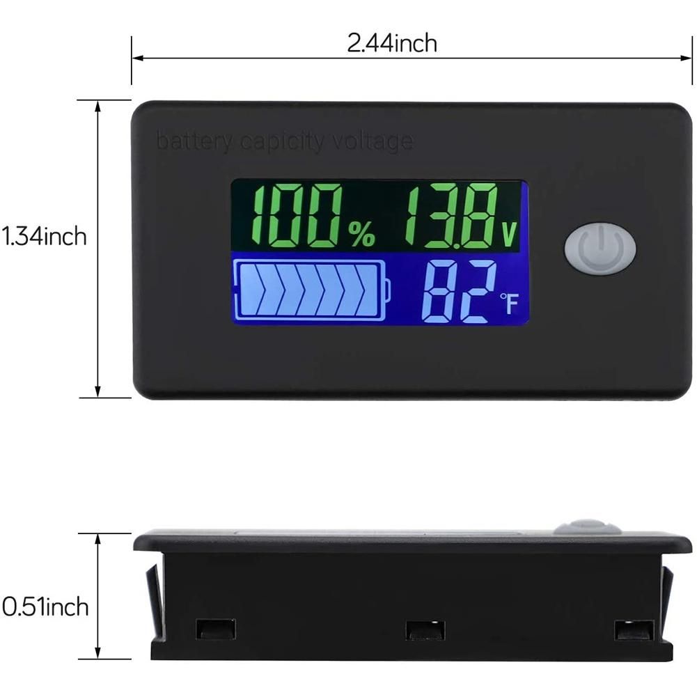 Battery Capacity Monitor,10-100V Battery Meter, 12V 24V 48V Percentage Voltage Fahrenheit Temperature Indicator Meter