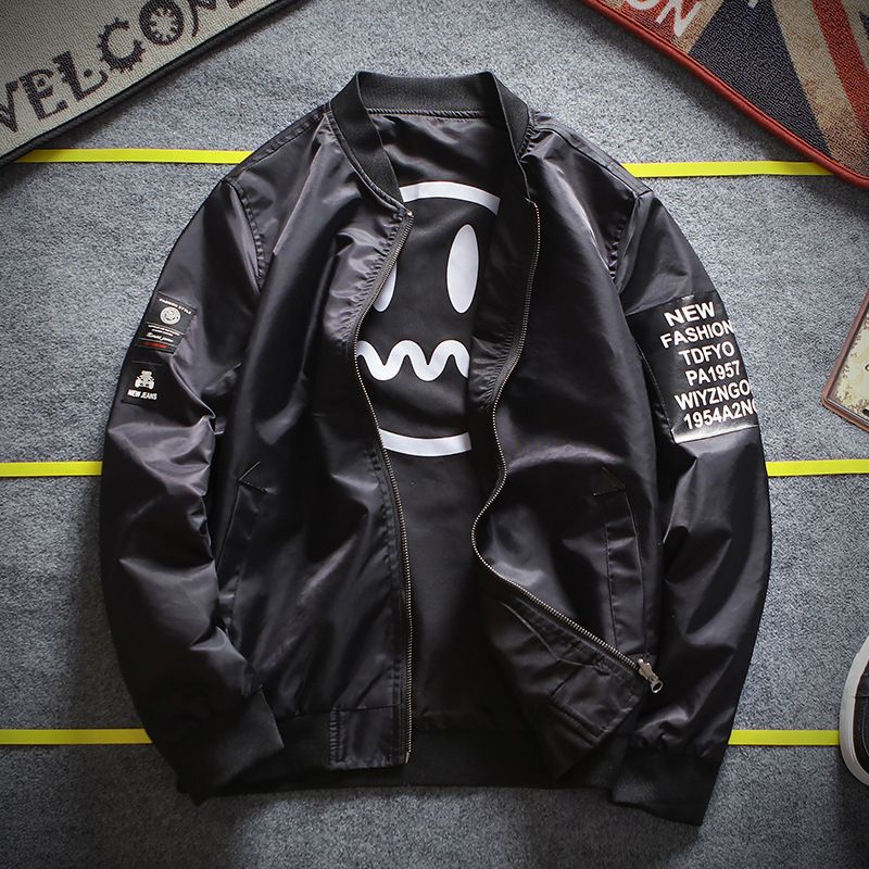 New Smiley, Hip-hop Style Lightweight Zipper Varsity High School Jacket