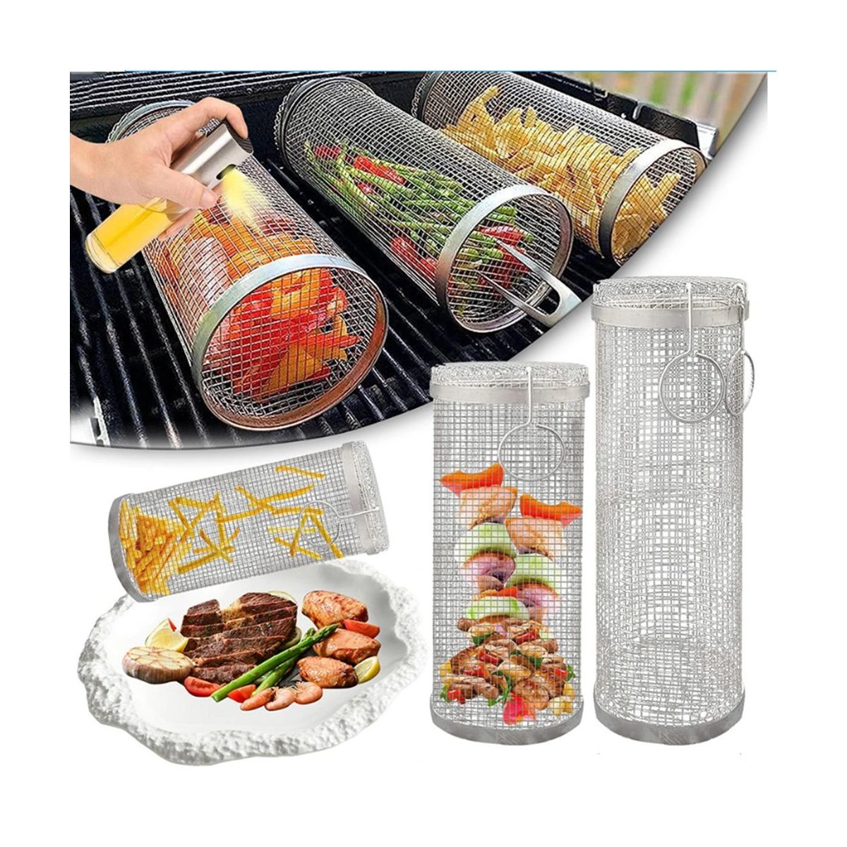 2PCS Stainless Barbecue Basket Cooking Grill Grate Outdoor BBQ Campfire Grid Family Travel Camping Picnic Cookware 20cm