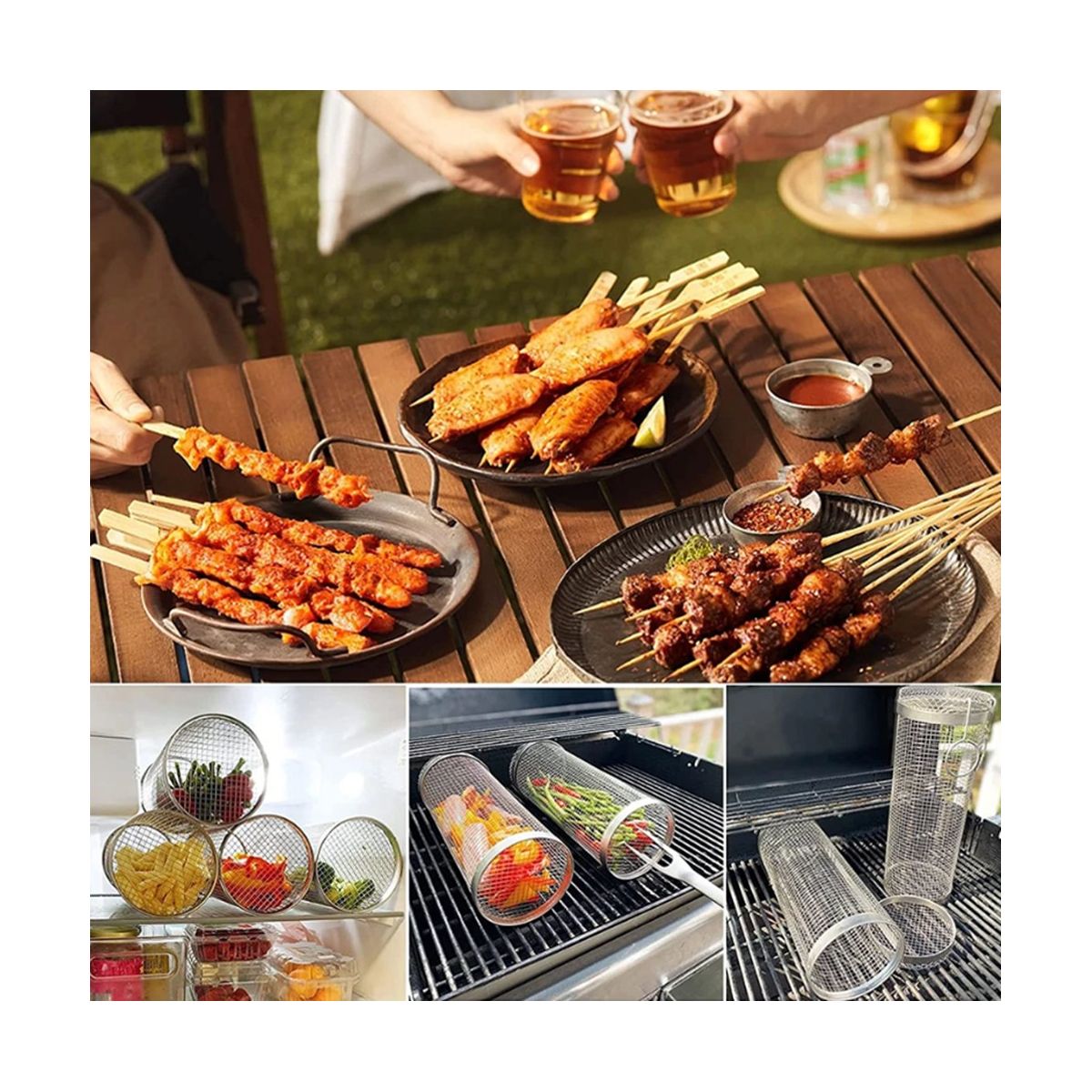 2PCS Stainless Barbecue Basket Cooking Grill Grate Outdoor BBQ Campfire Grid Family Travel Camping Picnic Cookware 20cm
