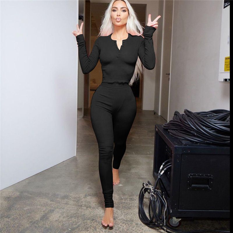 Ribbed Solid Two Piece Set Women Long Sleeve Skinny Tops High Waist Pencil Pants