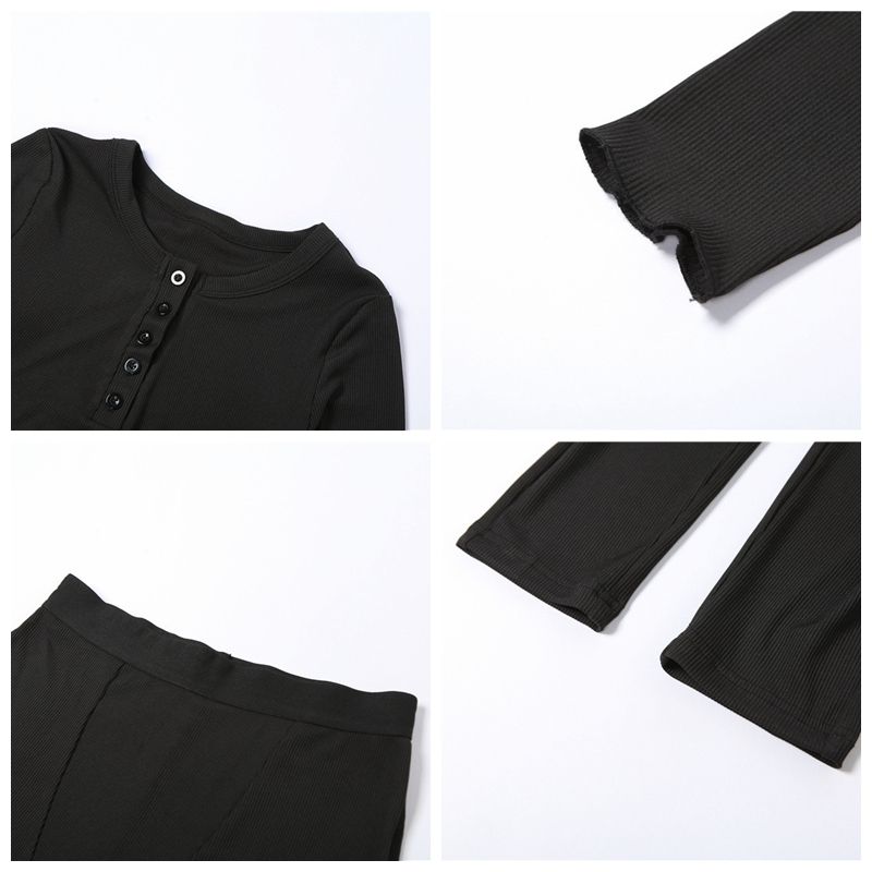 Ribbed Solid Two Piece Set Women Long Sleeve Skinny Tops High Waist Pencil Pants