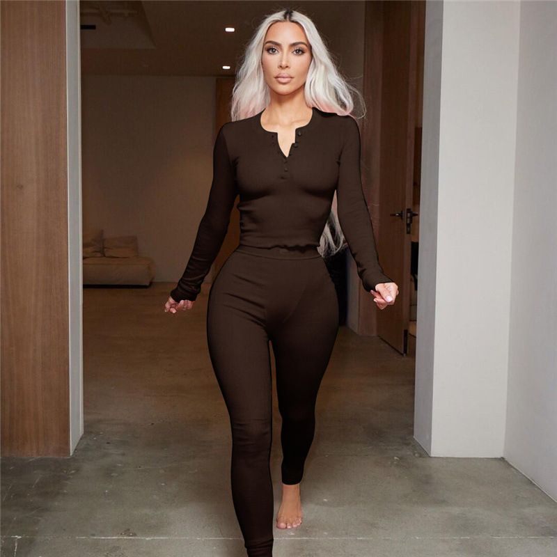 Ribbed Solid Two Piece Set Women Long Sleeve Skinny Tops High Waist Pencil Pants