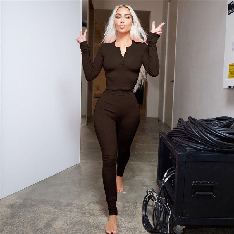 Ribbed Solid Two Piece Set Women Long Sleeve Skinny Tops High Waist Pencil Pants