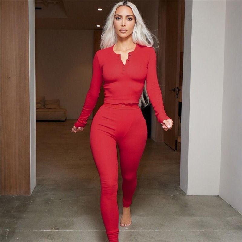 Ribbed Solid Two Piece Set Women Long Sleeve Skinny Tops High Waist Pencil Pants