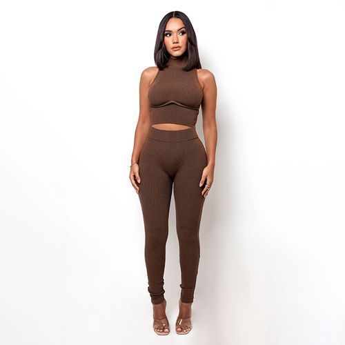 Two Piece Set Sleeveless Sporty Women Mock Neck Crop Tops+Skinny Pants