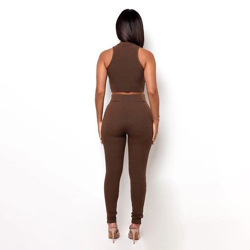 Two Piece Set Sleeveless Sporty Women Mock Neck Crop Tops+Skinny Pants
