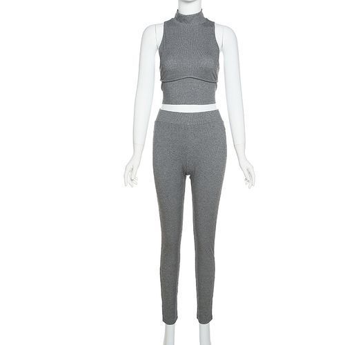 Two Piece Set Sleeveless Sporty Women Mock Neck Crop Tops+Skinny Pants
