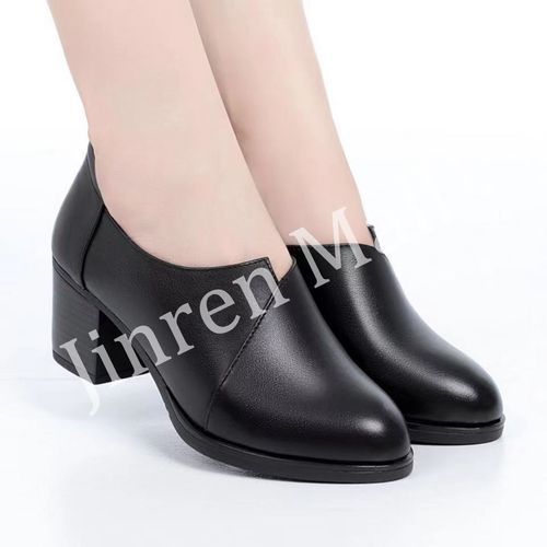 Ladies Fashion PU Chunky Heel Shoes-Black