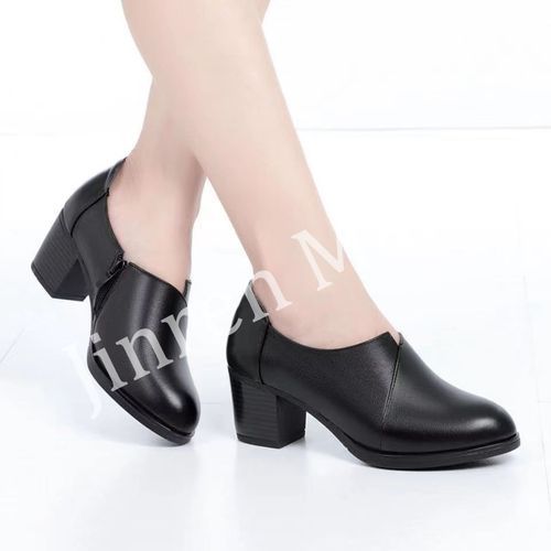 Ladies Fashion PU Chunky Heel Shoes-Black