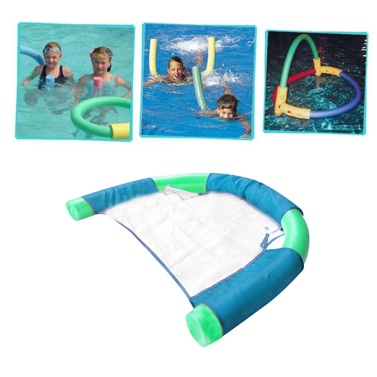 Portable Floating Noodle Chair Sling Mesh Seat Beach Green 7x130CM