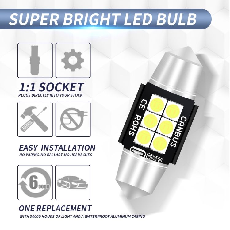 2 PCS 31mm DC12V-24V 3W 6000K 660LM Car Reading Lamp