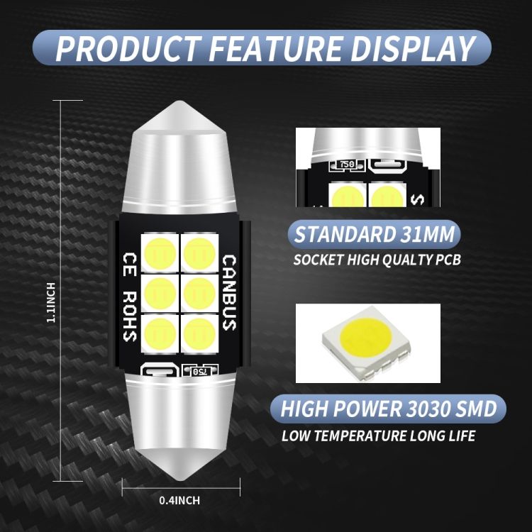2 PCS 31mm DC12V-24V 3W 6000K 660LM Car Reading Lamp