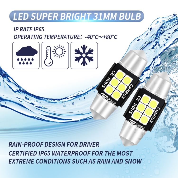 2 PCS 31mm DC12V-24V 3W 6000K 660LM Car Reading Lamp