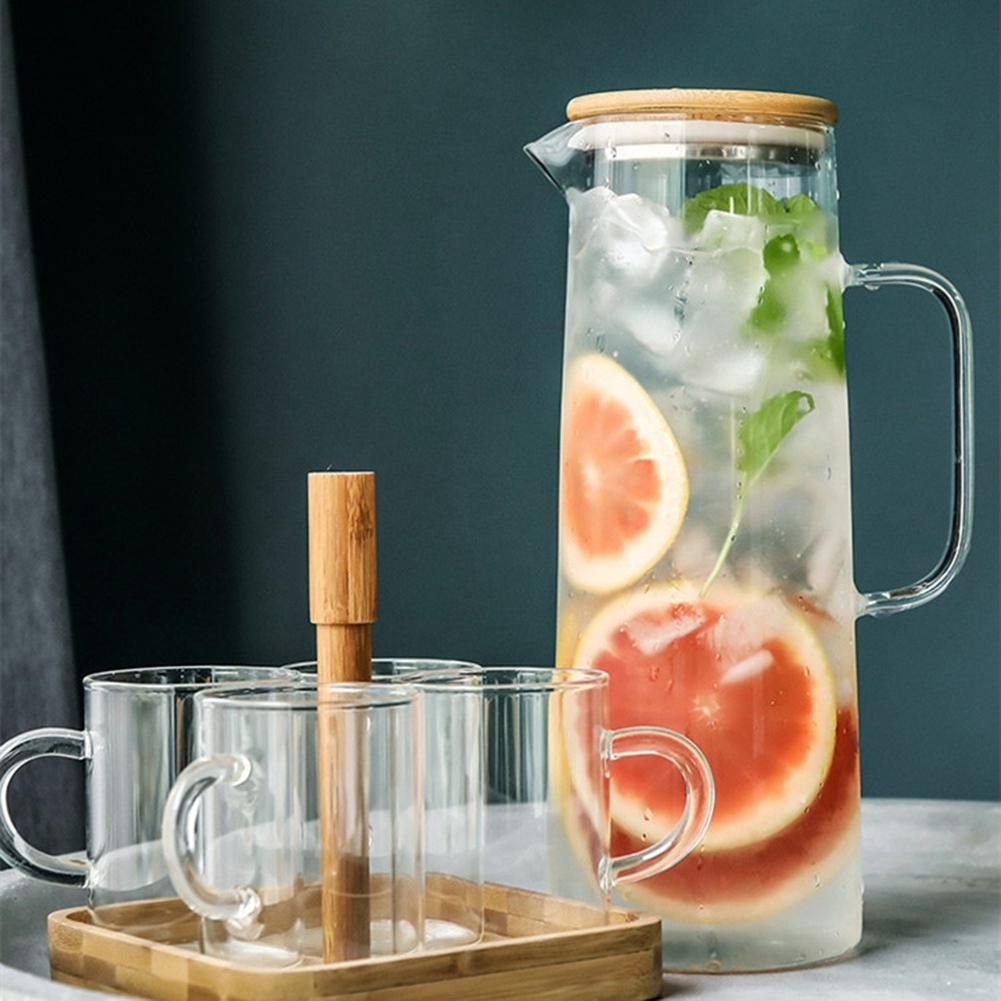 1.7L Glass Water Pitcher with Handle Bamboo Lid Heat Resista