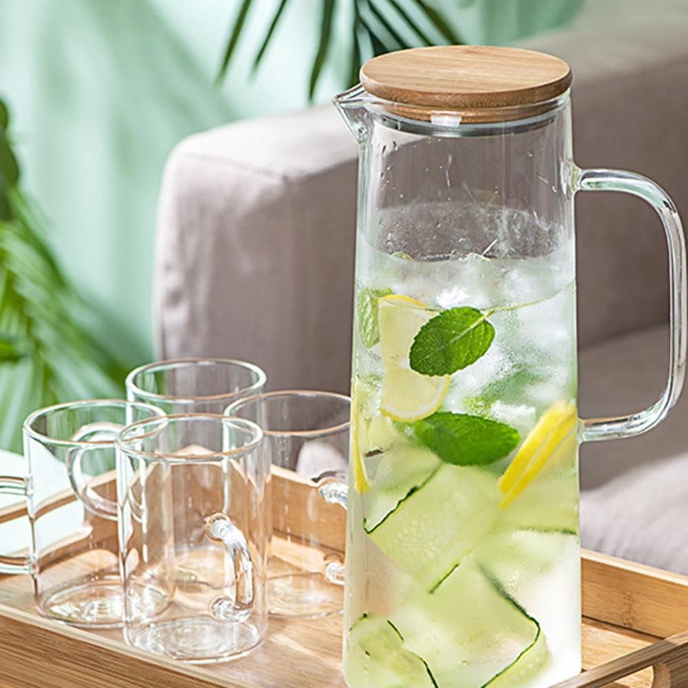 1.7L Glass Water Pitcher with Handle Bamboo Lid Heat Resista