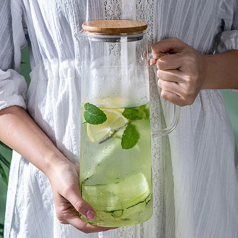 1.7L Glass Water Pitcher with Handle Bamboo Lid Heat Resista