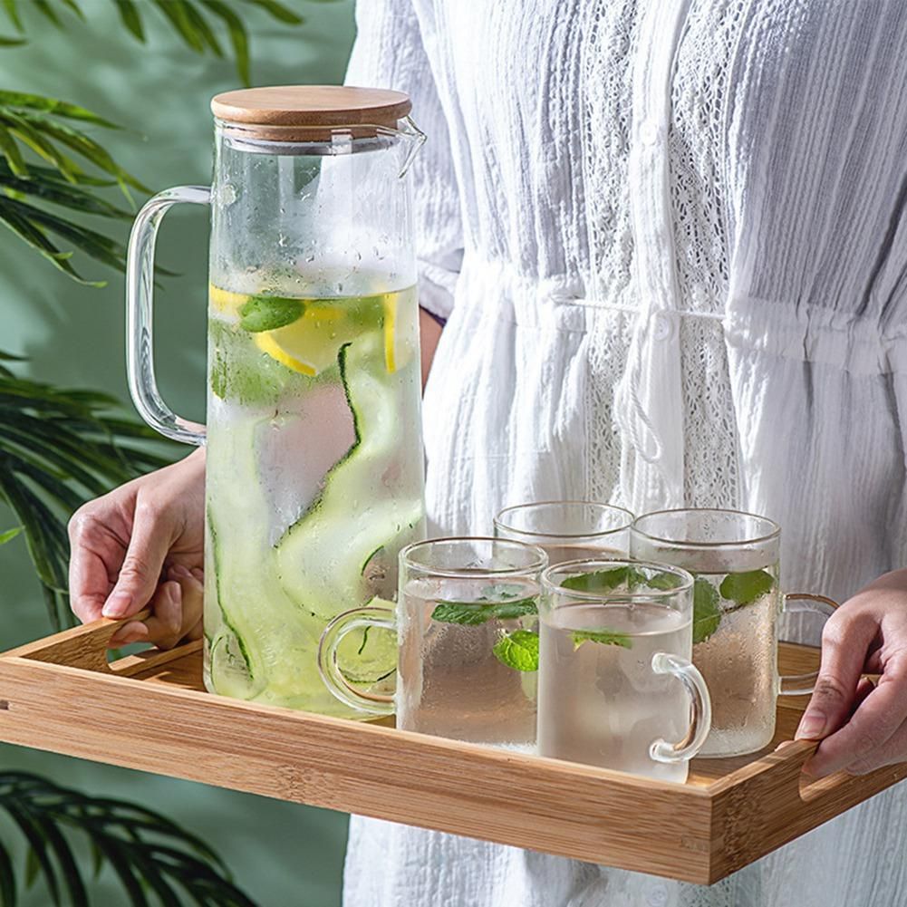 1.7L Glass Water Pitcher with Handle Bamboo Lid Heat Resista