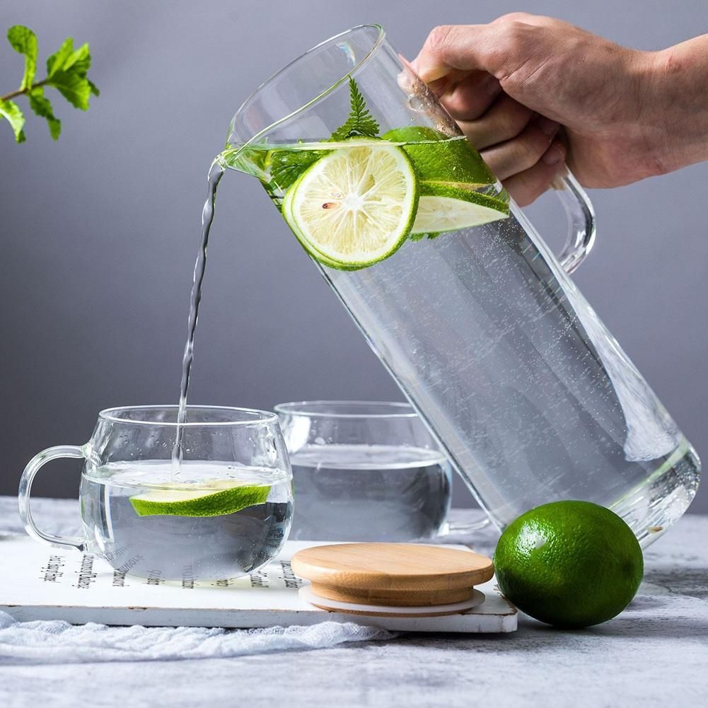 1.7L Glass Water Pitcher with Handle Bamboo Lid Heat Resista