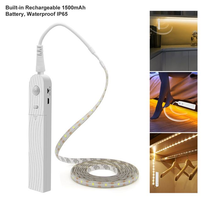 LED Cabinet Light Motion Sensor 1M 2M 3M Under Bed Stair Wardrobe Tape Waterproof 5V USB LED Strip Closet Kitchen Night Lamp-2M-Rechargeable IP65